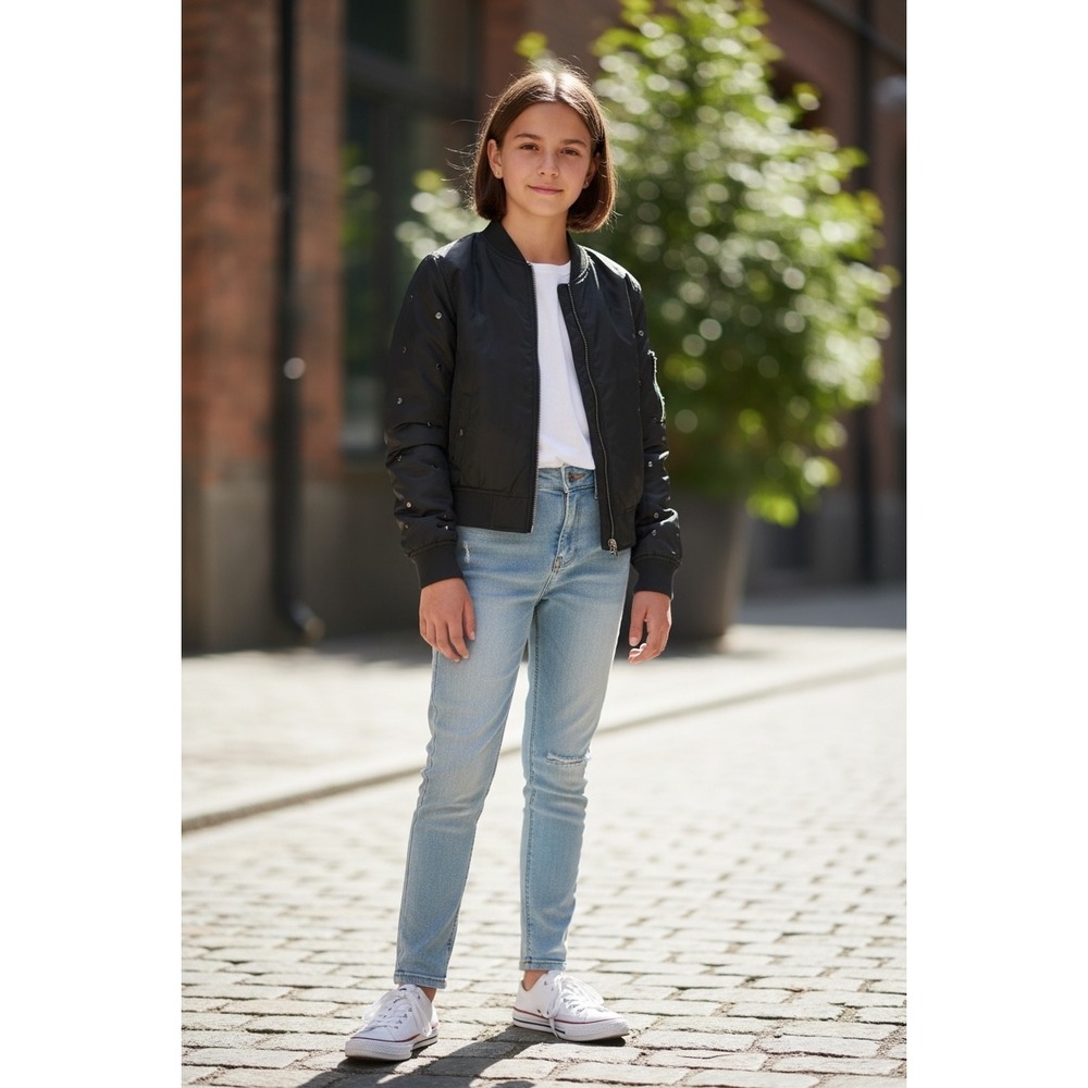 DKNY Girls‎ Black Studded Bomber Jacket Silver Studs Satin Finish Outerwear
